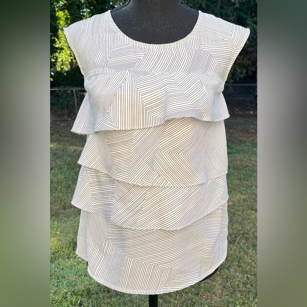 LOFT Blouse Top Womens XS P Black White Striped Layered Ruffles Sleeveless